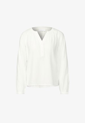 Weiße Langarmbluse mit V-Ausschnitt, Knopfleiste, gerafften Schulternähten und elastischen Bündchen. Glattes, leichtes Material.