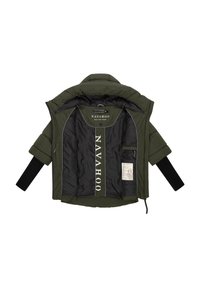 Green puffer jacket with a black interior, featuring ribbed cuffs, logo print, and a pocket on the left side inside. Zipper closure.
