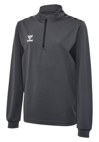 Grijze sporttop met lange mouwen, hoge kraag, ritssluiting aan de voorkant, textuurstof en zwarte zijpanelen. Hummel-logo op de linkerkant van de borst.