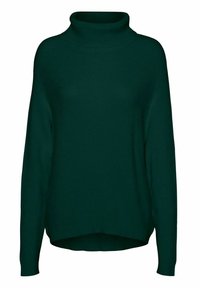 Suéter de manga larga verde oscuro con cuello alto tipo tortuga, textura de punto acanalado y dobladillo ligeramente irregular.