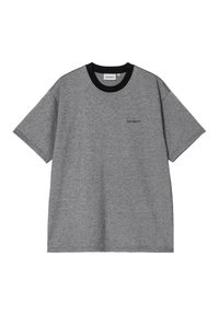 Szara koszulka z krótkim rękawem z czarnym okrągłym dekoltem i małym czarnym logiem "Carhartt" po lewej stronie klatki piersiowej.