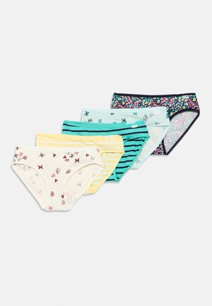 Cinque paia di slip da donna: bianchi con stampa di farfalle, a strisce gialle, verdi con strisce blu, azzurri e neri con motivo floreale.
