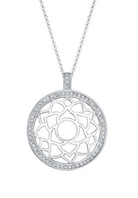 Zilveren hangerketting met een circular ontwerp met ingewikkelde uitgesneden patronen, accentueert door een rand van sprankelende heldere edelstenen.