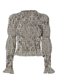 Black, white, and beige plaid long-sleeve blouse with smocked bodice, puffed shoulders, fitted sleeves, and ruffled hem and cuffs.