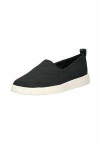 Schwarze Slipper aus strukturiertem Stoff mit einer weißen Gummisohle. Runde Zehenform mit einer Rückenschlaufe für einfaches Anziehen.