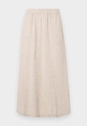 Beige linen skirt with an elastic waistband, midi length, and subtle texture pattern. No pockets or additional accents visible.