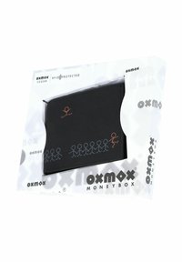 Portefeuille vegan noir protégé RFID avec un design de bonhomme allumette orange et gris, emballé dans une boîte blanche de marque Oxmox Moneybox.