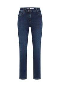 Ciemnoniebieskie dżinsy z denimu o klasycznym kroju z pięcioma kieszeniami, zapięciem na guziki i prostymi nogawkami.