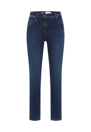 Jeans de mezclilla azul oscuro con un diseño clásico de cinco bolsillos, cierre de botones y corte de pierna recta.