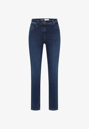 Dunkelblaue Jeans aus Denim mit klassischem Fünf-Taschen-Design, Knopfverschluss und geradem Bein.