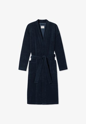 Navyblauwe badjas van zacht terry materiaal, met lange mouwen, een ceintuur in de taille en twee voorzakken. Glad textuur, knielang.