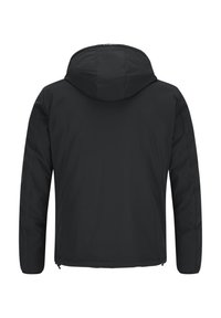 Schwarze Kapuzenjacke mit glatter Textur, Reißverschluss vorne und seitlichen Taschen, minimalistisches Design ohne sichtbare Logos oder Muster.