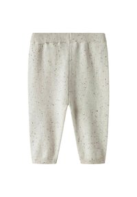 Pantalon pour bébé tricoté beige clair avec taille élastique et petit motif tacheté marron partout.