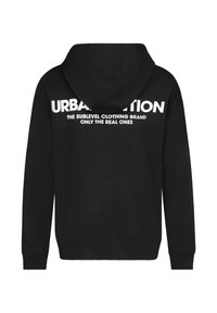Black hooded sweatshirt with a kangaroo pocket. White text on the back reads "URBAN NATION THE SUBLEVEL CLOTHING BRAND ONLY THE REAL ONES."