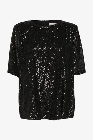 Svart kortermet topp dekker med blanke paljetter, har rund halslinje og en skjult glidelås bak, noe som gir et teksturert, reflekterende utseende.