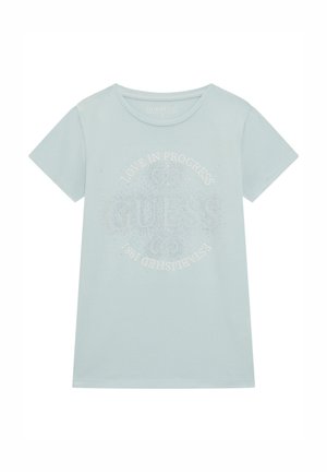 T-shirt azzurro chiaro con maniche corte, scollatura rotonda e grafica frontale con la scritta "LOVE IN PROGRESS" in bianco con dettagli in strass.