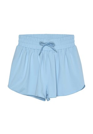 Hellblaue Shorts aus weichem, leichter Stoff. Verfügen über einen elastischen Bund mit Kordelzug und eine lockere Passform mit einem gesäumten Saum.