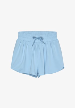 Light blue shorts made of soft, lightweight fabric. Features an elastic waistband with a drawstring, and a relaxed fit with a hemmed edge.