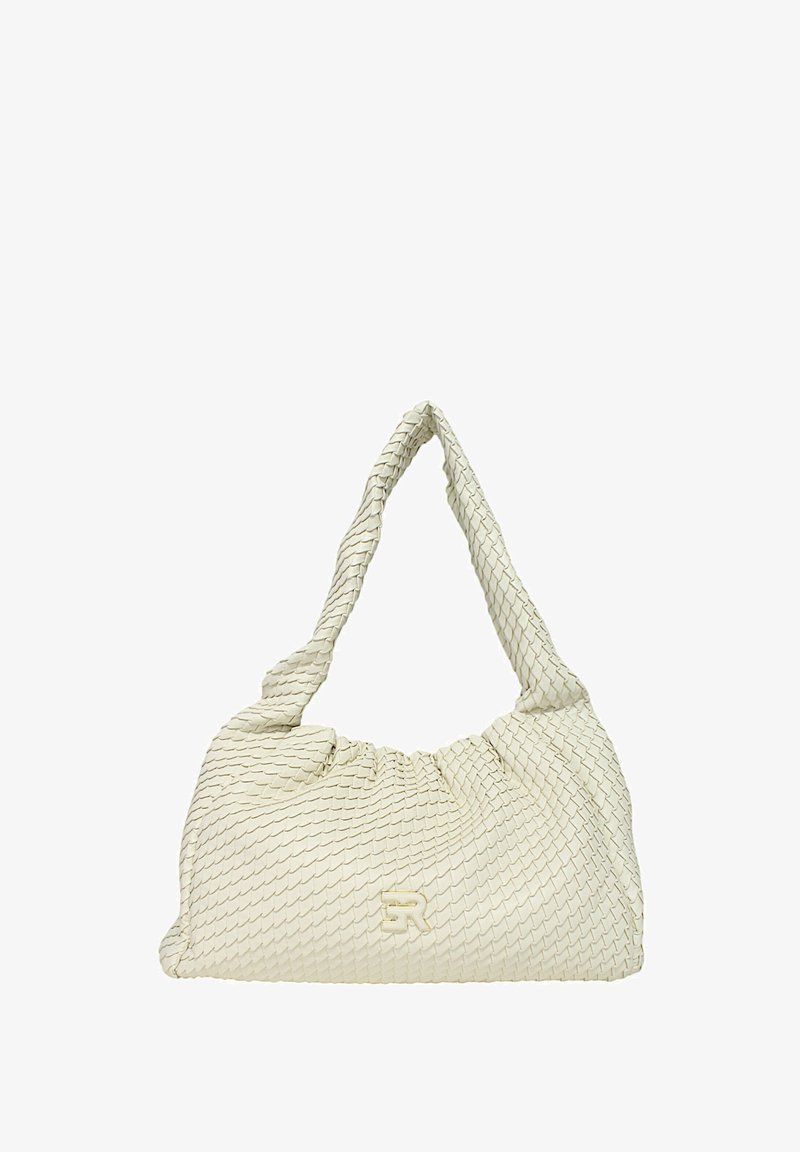 Borsa a tracolla in pelle crema con un motivo a diamante testurizzato, design morbido e tracolla annodata con logo impresso.