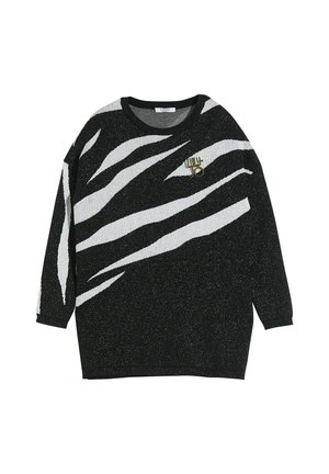 Sort langærmet sweater med hvide abstrakte striber og en metallisk gylden "Liu Jo" logo på øverste højre front.