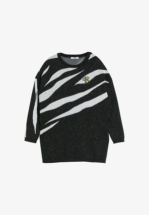 Sort langærmet sweater med hvide abstrakte striber og en metallisk gylden "Liu Jo" logo på øverste højre front.