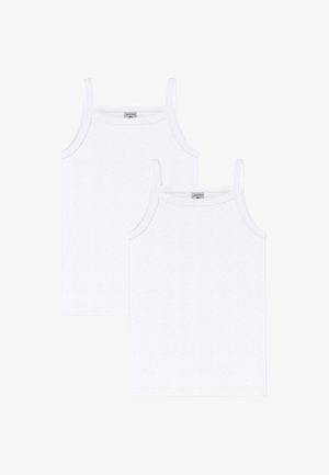 Két egyszerű fehér ujjatlan trikó vékony pántokkal, laposan elhelyezve, egyik enyhén átfedve a másikon.