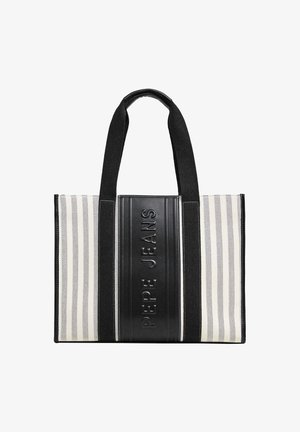Canvas totebag met zwart en crèmekleurige verticale strepen. Voorzien van een zwart rubberen paneel met reliëflogo. Dubbele zwarte handvatten.