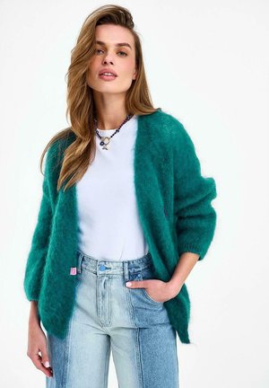 Mladá žena s dlhými vlasmi v tyrkysovom huňatom cardigane, bielom tričku, dvojfarebných džínsach s vysokým pásom, s rukou v vrecku a náhrdelníkmi na vrstvách.