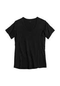 Black short-sleeve t-shirt made of soft fabric, featuring a V-neck design and relaxed fit with a slightly curved hemline.