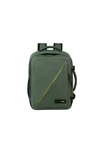 Mochila de tela verde con un acabado texturizado, que presenta una franja amarilla diagonal, correas ajustables, asa superior y múltiples compartimentos.