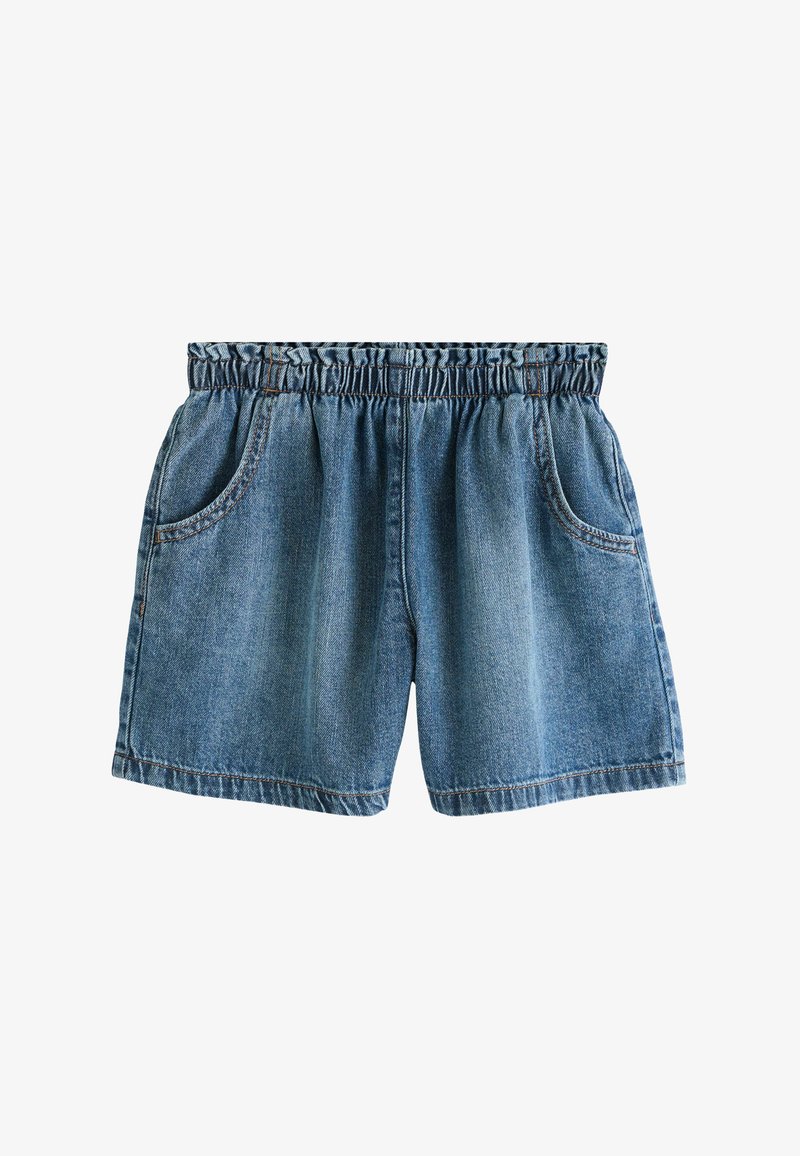 Pantaloncini di jeans blu con vita elasticizzata e due tasche frontali, posati distesi su sfondo bianco.