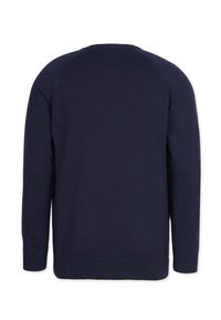 Maglione a maglia blu navy con maniche lunghe, scollatura rotonda e polsini e orlo a coste. Texture liscia e design semplice.