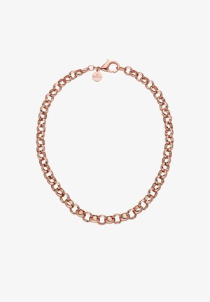 Armband aus roségoldfarbenem Metall mit großen ovalen Gliedern, ausgestattet mit einem Karabinerverschluss und einem kleinen Markenzeichen. Glatte, glänzende Oberfläche.