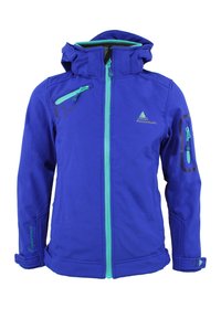 Veste à capuche bleue avec zips turquoise contrastants, poches latérales et accents de logo ; fabriquée en tissu doux et résistant aux intempéries.