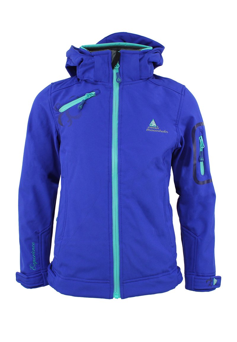 Veste à capuche bleue avec zips turquoise contrastants, poches latérales et accents de logo ; fabriquée en tissu doux et résistant aux intempéries.