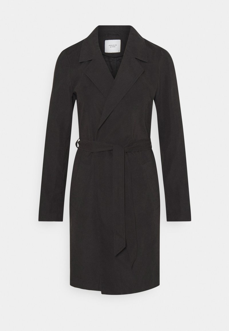 Cappotto trench nero con maniche lunghe, vita con cintura, colletto a punte e finitura in tessuto liscia. Design minimalista senza motivi visibili.