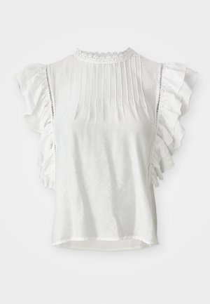 Blusa branca de manga curta com pregas, ombros franzidos e um decote alto com rendas. Tecido suave com uma textura lisa.