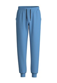 Lichtblauwe sweatpants van zachte stof, met een elastische tailleband, trekkoordsluiting en cuffs aan de enkels. Inclusief twee zijzakken.