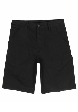 Schwarze Cargo-Shorts aus Baumwolle mit flacher Front, Seiten Taschen und Knopfverschluss. Der Stoff wirkt glatt mit minimaler Textur.