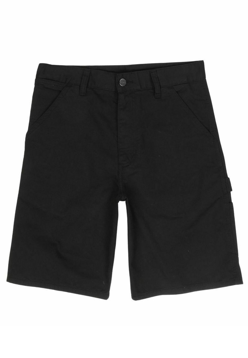 Shorts cargo noirs en coton, avec un devant plat, des poches latérales et une fermeture à bouton. Le tissu semble lisse avec une texture minimale.