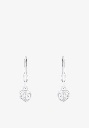 Pendientes de plata en forma de corazón con piedras preciosas transparentes, que cuentan con un cierre de palanca. Los corazones están facetados para añadir brillo.