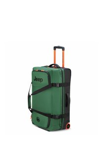 Valigia verde con dettagli neri, dotata di manico arancione estensibile, cinghie e logo Jeep. Tessuto testurizzato e ruote resistenti.