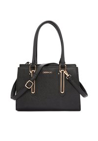Bolso de mano negro hecho de material texturizado, con herrajes en tono dorado, dos asas superiores y una correa de hombro ajustable.