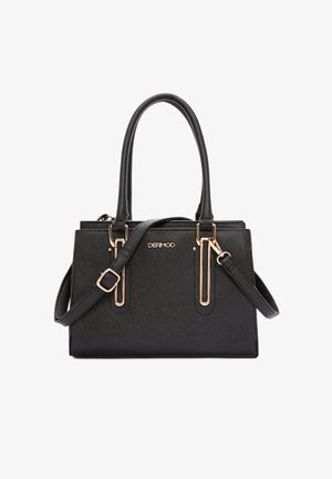 Schwarze Handtasche aus strukturiertem Material mit goldfarbener Hardware, zwei oberen Tragegriffen und einem verstellbaren Schultergurt.