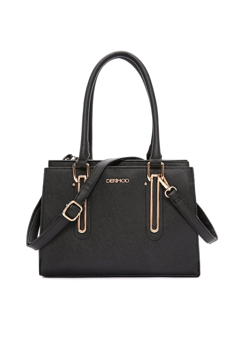 Bolso de mano negro hecho de material texturizado, con herrajes en tono dorado, dos asas superiores y una correa de hombro ajustable.