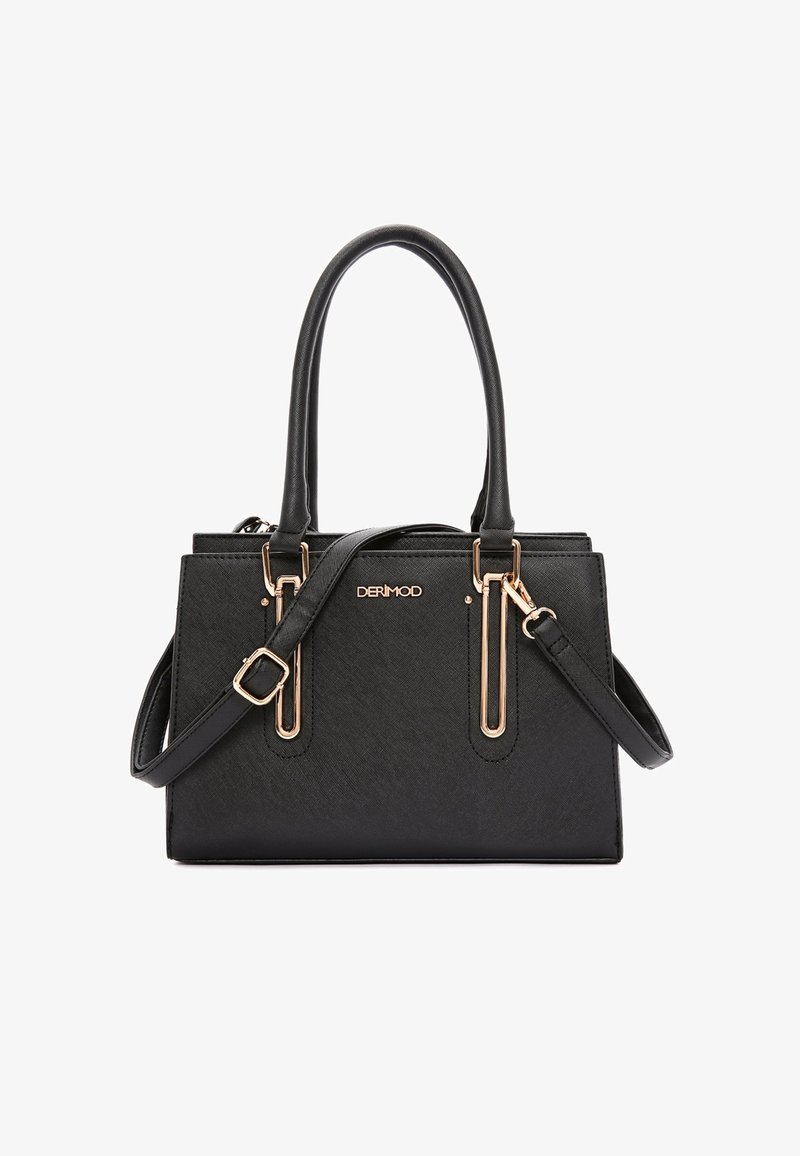 Borsa nera realizzata in materiale testurizzato, caratterizzata da hardware dorato, doppi manici superiori e una tracolla regolabile.