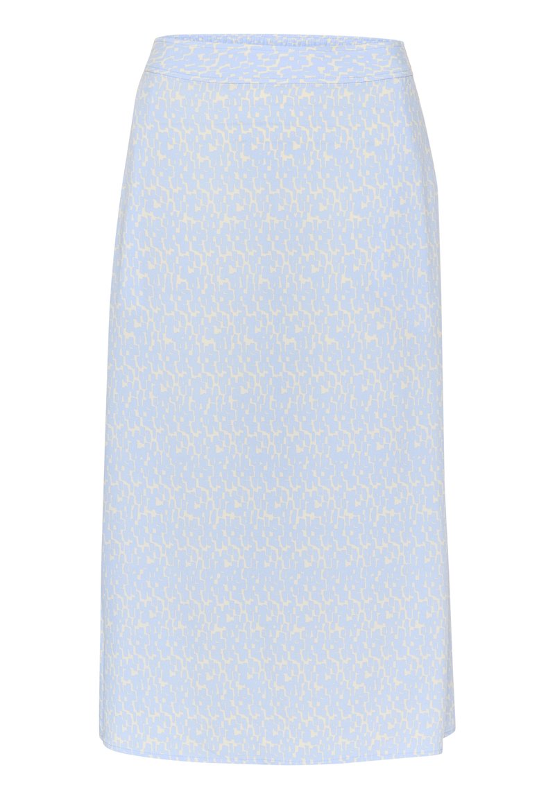 Una gonna al ginocchio in tessuto azzurro chiaro caratterizzata da un motivo astratto giallo, texture liscia e cintura elastica per il massimo comfort.