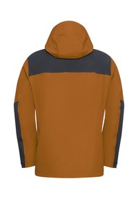Men's hooded jacket in burnt orange with dark gray panels on shoulders and sleeves, shown from the back.