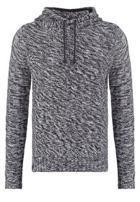 Kapuzenpullover in einem schwarz-weißen Melange-Muster, mit Kordelzug am Kragen, gerippten Bündchen und lockerer Passform.