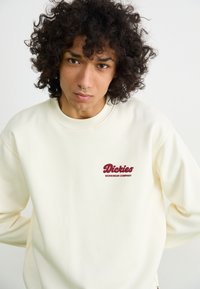 Cream-colored sweatshirt made of soft material; features a ribbed crew neck and a maroon embroidered logo on the chest.